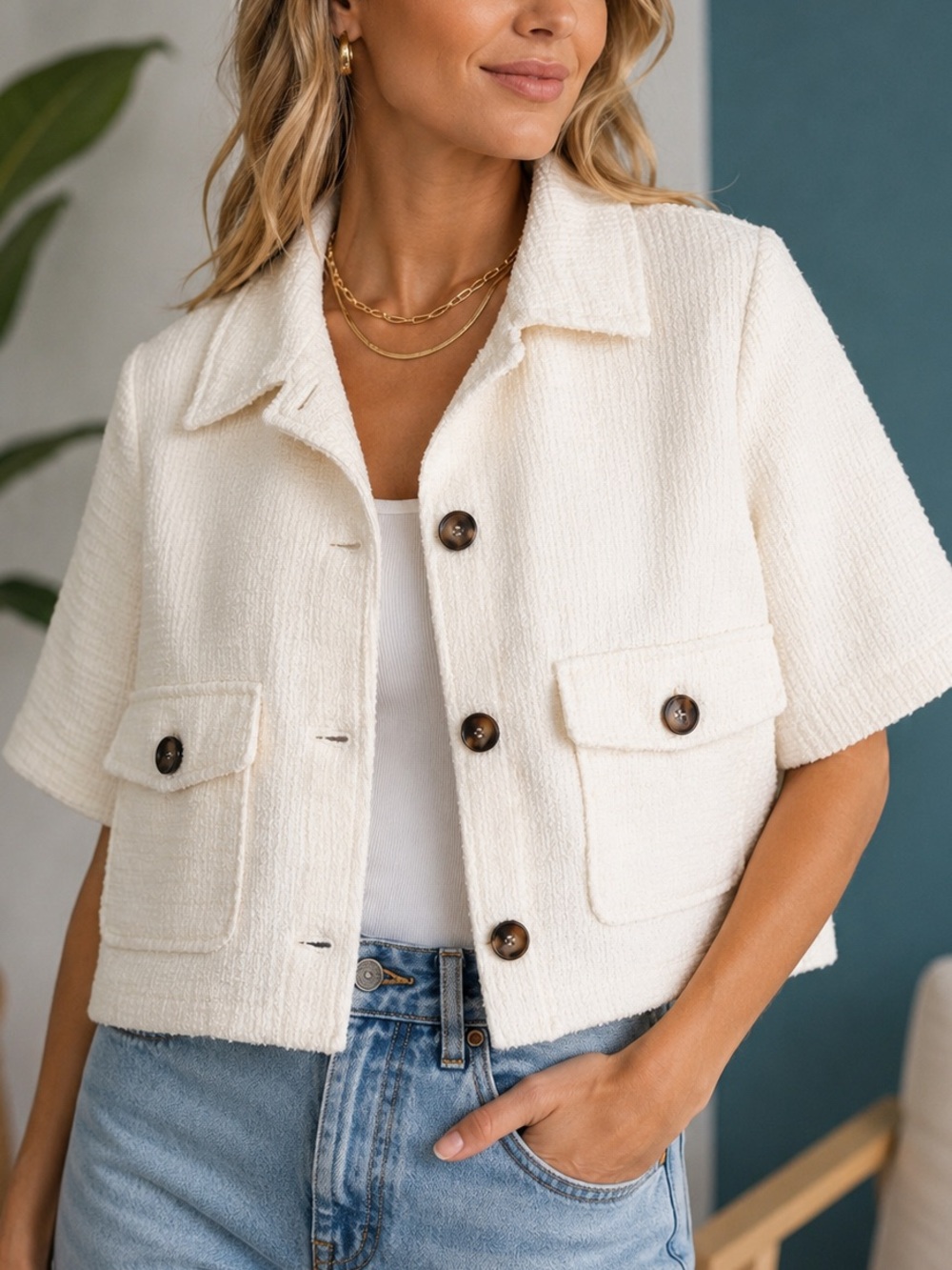 Rachel Zoe White Textured Cropped Jacket Shacket Size Large NWOT Button Front